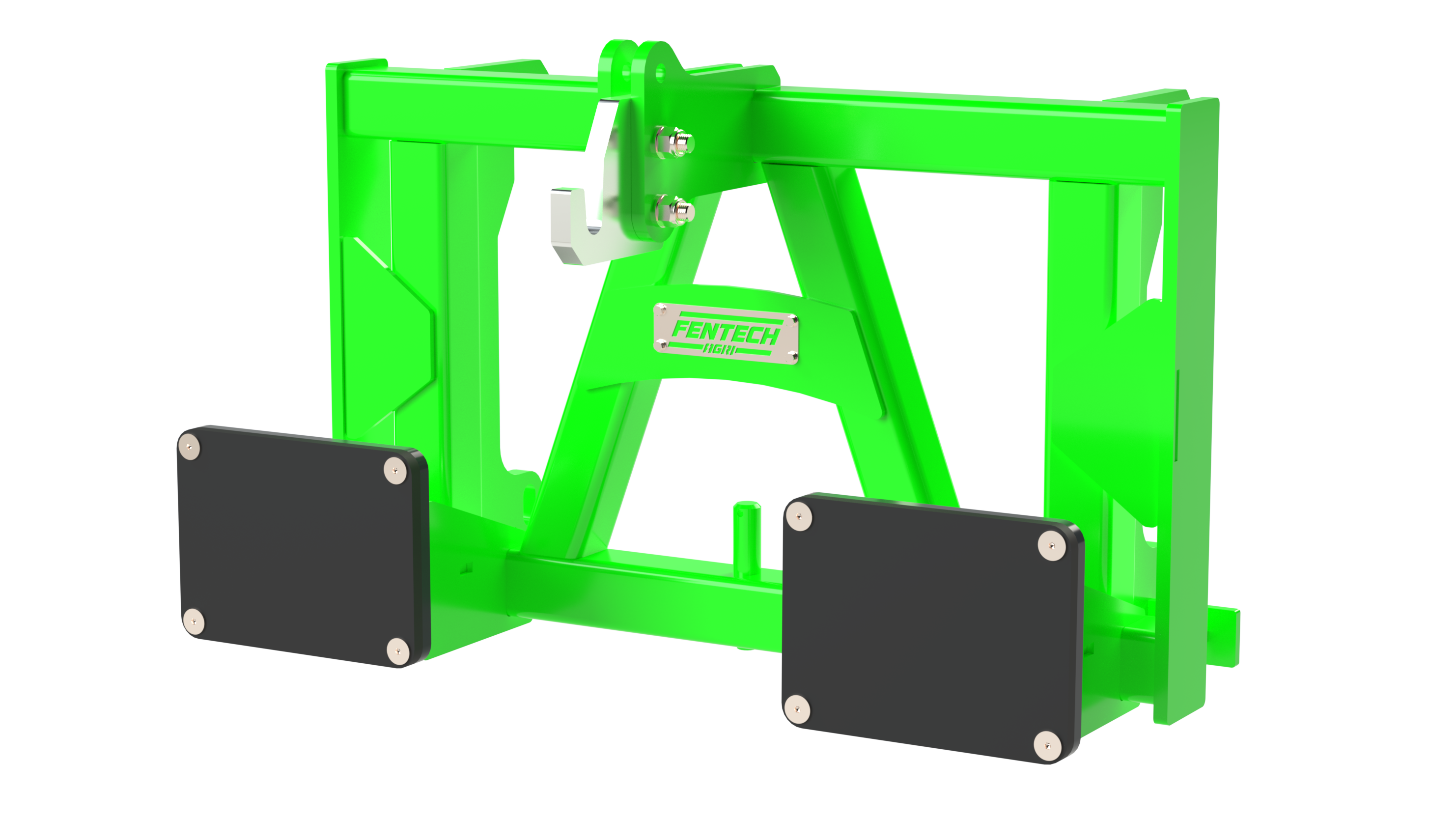 Fentech Agri Rhino attachment featuring a robust 30mm hook and rubber pads, designed for safe and efficient lifting of implements with a 3-point hitch, compatible with various loader brackets.